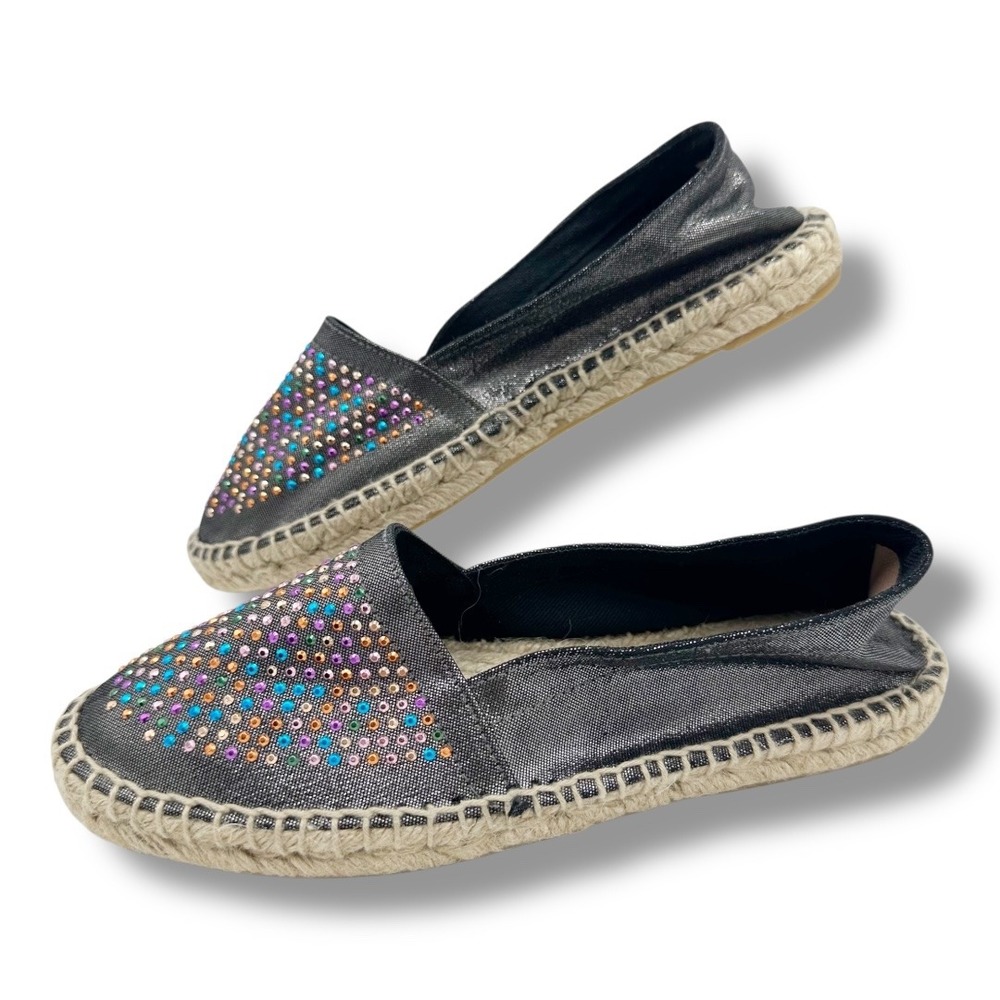 SESTO MulEmbellished Espadrille Flats Metallic‎ Black Rhinestone Slip On Shoe